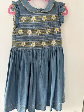 Mini Boden Blue Daisy Smocked Dress with Yellow Embroidery